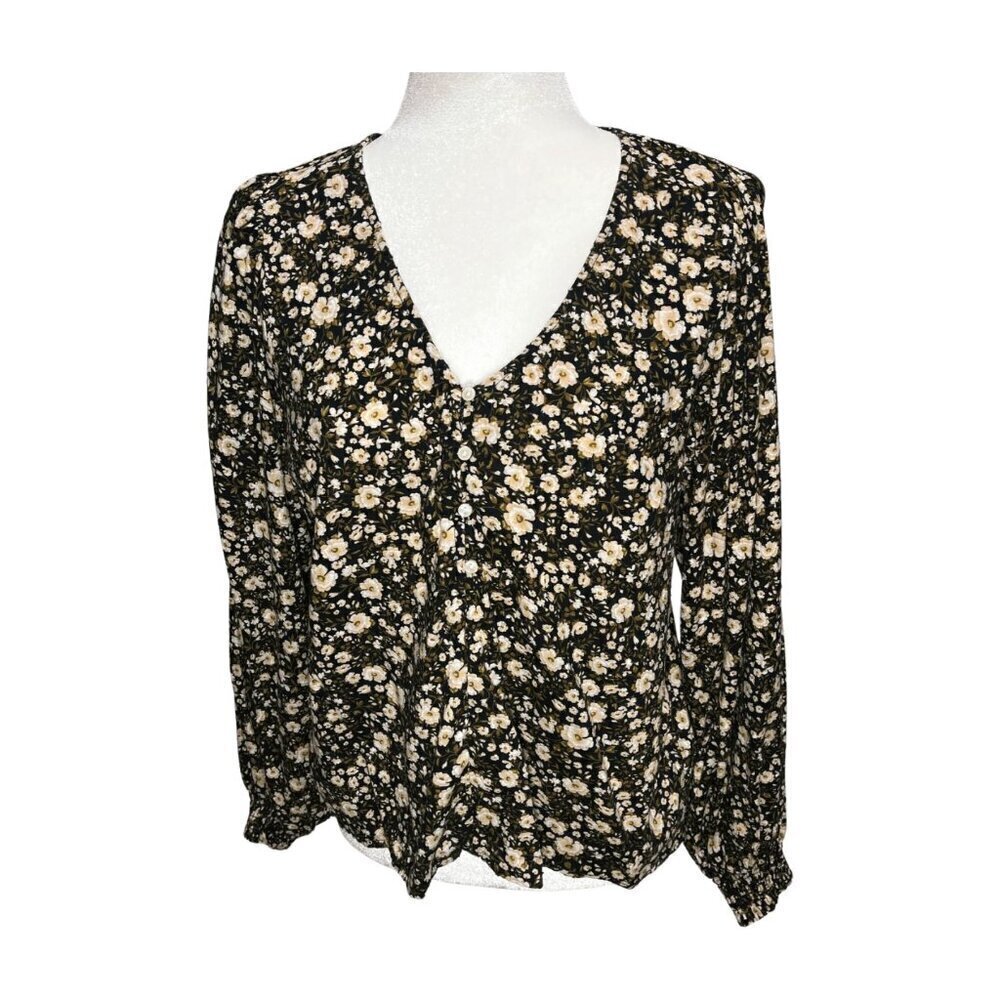 OLD NAVY Black Floral Textured Henley Blouse Balloon Sleeve Medium